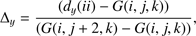 $$ {\mathrm\Delta}_y=\frac{(d_y{(ii)}-G{(i,j,k)})}{(G{(i,j+2,k)-G{(i,j,k)}})}, $$