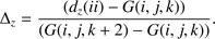 $$ {\mathrm\Delta}_z=\frac{(d_z{(ii)}-G{(i,j,k)})}{(G{(i,j,k+2)-G{(i,j,k)}})}. $$