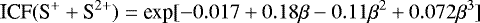 \begin{equation*} \textrm{ICF}(\textrm{S}^{&#x002B;} &#x002B; \textrm{S}^{2&#x002B;}) = \textrm{exp}[-0.017 &#x002B; 0.18\beta - 0.11\beta^{2} &#x002B; 0.072\beta^{3}]\end{equation*}