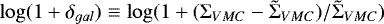 $\log(1&#x002B;\delta_{gal}) \equiv \log(1&#x002B; (\mathrm{\Sigma}_{VMC}-\tilde{\mathrm{\Sigma}}_{VMC})/\tilde{\mathrm{\Sigma}}_{VMC})$