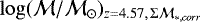 $\log(\mathcal{M}/\mathcal{M}_{\odot})_{z=4.57, \, \mathrm{\Sigma}\mathcal{M}_{\ast, corr}}$