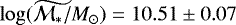 $\widetilde{\log(\mathcal{M}_{\ast}/M_{\odot})}=10.51\pm0.07$