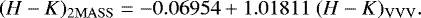 \begin{equation*} (H-K)_{\mathrm{2MASS}} = -0.06954 &#x002B;1.01811 \; (H-K)_{\mathrm{VVV}}. \end{equation*}