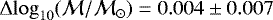${\rm{\Delta}}\mathrm{log}_{10}(\mathcal{M}/\mathcal{M}_{\odot})=0.004\pm0.007$
