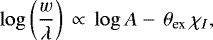 \begin{equation*} \log\left(\frac{w}{\lambda}\right)\, \propto \, \log A -\, \theta_{\text{ex}}\,\chi_I, \end{equation*}