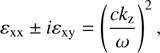 $$ \varepsilon_\mathrm{xx}\pm i\varepsilon_\mathrm{xy}={\left(\frac{ck_\mathrm z}\omega\right)}^2, $$