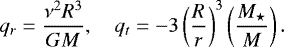 \begin{eqnarray*} q_r=\frac{\nu^2 R^3}{GM}, \quad q_t=-3\left(\frac{R}{r}\right)^3\left(\frac{M_{\star}}{M}\right). \end{eqnarray*}