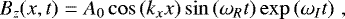 \begin{equation*}B_{z}(x,t)=A_0\cos{(k_x x)}\sin{(\omega_R t)} \exp{(\omega_I t)}\hspace{3pt}, \end{equation*}