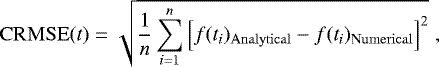 \begin{equation*}\mathrm{CRMSE}(t)=\sqrt{\frac{1}{n}\sum_{i=1}^{n}\left[ f(t_i)_{\mathrm{Analytical}} -f(t_i)_{\mathrm{Numerical}} \right]^2}\hspace{3pt}, \end{equation*}