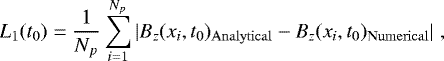 \begin{equation*}L_1(t_0)= \frac{1}{N_p} \sum_{i=1}^{N_p} | B_z(x_i,t_0)_{\mathrm{Analytical}} - B_z(x_i,t_0)_{\mathrm{Numerical}} | \hspace{3pt}, \end{equation*}