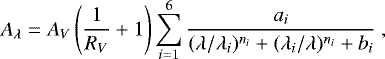 \begin{equation*} A_{\lambda} = A_V \left(\frac{1}{R_V} &#x002B; 1\right) \sum_{i=1}^{6} \frac{a_i}{(\lambda/\lambda_i)^{n_i}&#x002B;(\lambda_i/\lambda)^{n_i}&#x002B;b_i}~, \end{equation*}