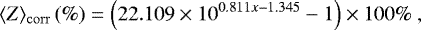 \begin{equation*} \langle Z \rangle_{\mathrm{corr}}\,(\%) = \left(22.109\times 10^{0.811x-1.345} - 1\right) \times 100\% ~, \end{equation*}