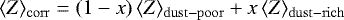 $\langle Z \rangle_{\mathrm{corr}} = (1-x)\,\langle Z \rangle_{\mathrm{dust-poor}} &#x002B; x\,\langle Z \rangle_{\mathrm{dust-rich}}$