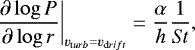 \begin{equation*} \frac{\partial \log P}{\partial\log r}\bigg|_{v_{{\mathrm turb}} = v_{{\mathrm drift}}} = \frac{\alpha} {h} \frac{1} {\mathit{St}},\end{equation*}