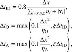 $$ \begin{array} \mathrm\Delta t_{\mathrm{ID}} = 0.8 \frac{\mathrm\Delta x}{\sum_{i=x,y,z} u_{i} + |\mathbf{v}_{i}|},\nonumber\\ \mathrm\Delta t_{\mathrm{O}} = \text{max}\left(0.1 \frac{\mathrm\Delta x^{2}}{\eta_{\mathrm{O}}},\xi\mathrm\Delta t_{\mathrm{ID}} \right),\label{equ:MHDtimesteps}\\ \mathrm\Delta t_{\mathrm{A}} = \text{max}\left(0.1 \frac{\mathrm\Delta x^{2}}{\eta_{\mathrm{A}}},\xi\mathrm\Delta t_{\mathrm{ID}} \right)\nonumber, \end{array} $$