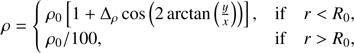 $$ \rho =\left\{ \begin{matrix} {{\rho }_{0}}[1+{{\Delta }_{\rho }}\cos (2\arctan (\frac{y}{x}))], & \text{if} & r<{{R}_{0}}, \\ {{\rho }_{0}}/100 & \text{if} & r>{{R}_{0}}, \\ \end{matrix} \right. $$