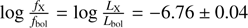 $ \log\frac{f_\mathrm X}{f_\mathrm{bol}}=\log\frac{L_\mathrm X}{L_\mathrm{bol}}=-6.76\pm0.04 $