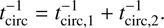 $$ t_\mathrm{circ}^{-1}=t_{\mathrm{circ},1}^{-1}+t_{\mathrm{circ},2}^{-1}. $$