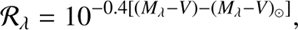 $$ {\mathcal R}_\lambda=10^{-0.4[{(M_\lambda-V)}-{(M_\lambda-V)}_\odot]}, $$