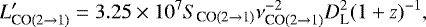 \begin{equation*} L&#x0027;_{\textrm{CO}(2\to1)}=3.25\times 10^7 S_{\text{CO(2$\to$1)}} \nu^{-2}_{\text{CO(2$\to$1)}}D^2_{\text{L}}(1&#x002B;z)^{-1},\end{equation*}