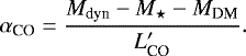 \begin{equation*}\alpha_{\text{CO}}=\frac{M_{\text{dyn}}-M_{\star}-M_{\text{DM}}}{L&#x0027;_{\text{CO}}}. \end{equation*}