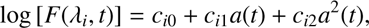 $$ \log{\lbrack F{(\lambda_i,t)}\rbrack}=c_{i0}+c_{i1}a{(t)}+c_{i2}a^2{(t)}, $$