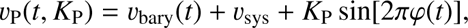 $$ \nu_\mathrm P{(t,K_\mathrm P)}=\nu_\mathrm{bary}{(t)}+\nu_\mathrm{sys}+K_\mathrm P\;\sin{\lbrack2\pi\varphi{(t)}\rbrack}, $$