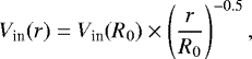 \begin{equation*}V_{\textrm{in}}(r) = V_{\textrm{in}}(R_0) \times \left(\frac{r}{R_0}\right)^{-0.5}, \end{equation*}