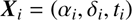 $$ {\boldsymbol X}_i={(\alpha_i,\delta_i,t_i)} $$