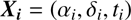$$ {\boldsymbol X}_i={(\alpha_i,\delta_i,t_i)} $$