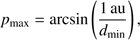 $$ p_\max=\arcsin{(\frac{1\;\mathrm{au}}{d_\min})}, $$