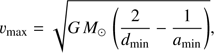 $$ \upsilon_\max=\sqrt{GM_\odot{(\frac2{d_\min}-\frac1{a_\min})}}, $$