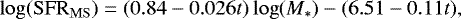 \begin{equation*} \log(\mathrm{SFR}_{\mathrm{MS}}) = (0.84-0.026t)\log(M_*) - (6.51-0.11 t),\end{equation*}