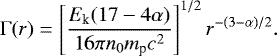 \begin{equation*}\mathrm{\Gamma}(r)=\left[\frac{ E_{\textrm{k}} (17-4 \alpha)}{16 \pi n_0 m_{\textrm{p}} c^2} \right]^{1/2} r^{-(3-\alpha )/2} .\end{equation*}