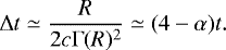 \begin{equation*}\mathrm{\Delta} t \simeq \frac{R}{2c\mathrm{\Gamma} (R)^2 } \simeq (4-\alpha) t .\end{equation*}