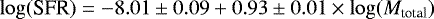 \begin{equation*} \log(\textrm{SFR}) = -8.01\pm0.09 &#x002B; 0.93\pm0.01 \times \log(M_{\textrm{total}}) \end{equation*}