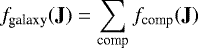 \begin{equation*}{f_{\textrm{galaxy}}}(\textbf{J}) = \sum_{\textrm{comp}} {f_{\textrm{comp}}}(\textbf{J}) \end{equation*}