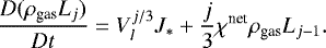 \begin{equation*} \frac{D (\rho_{\textrm{gas}}L_j)}{Dt} = V_l^{j/3}J_* &#x002B; \frac{j}{3}\chi^{\textrm{net}}\rho_{\textrm{gas}}L_{j-1}.\end{equation*}