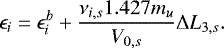 \begin{equation*} \epsilon_i = \epsilon_i^b &#x002B; \frac{\nu_{i,s} 1.427 m_u}{V_{0,s}}\mathrm\Delta L_{3,s}. \end{equation*}