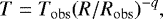 \begin{equation*} T = T_{\rm{obs}}(R/R_{\rm{obs}})^{-q}, \end{equation*}
