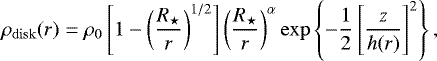 \begin{equation*} \rho_{\rm{disk}}(r) = \rho_0 \left[ 1 - \left( \frac{R_{\star}}{r} \right)^{1/2} \right] \left( \frac{R_{\star}}{r} \right)^{\alpha} \exp \left\lbrace - \frac{1}{2} \left[ \frac{z}{h(r)} \right]^2 \right\rbrace, \end{equation*}