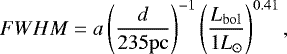 \begin{equation*} {FWHM} = a \left( \frac{d}{235\mathrm{pc}} \right)^{-1} \left( \frac{L_{\mathrm{bol}}}{1 L_{\odot}} \right)^{0.41}, \end{equation*}