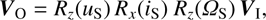 $$ V_\mathrm O=R_z(u_\mathrm S)R_x(i_\mathrm S)R_z(\Omega_\mathrm S)V_\mathrm I $$