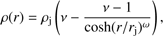 $$ \rho{(r)=\rho_\mathrm j}{\left(v-\frac{v-1}{\cosh{(r/r_\mathrm j)}^\omega}\right)}, $$