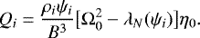 \begin{equation*} Q_i = \frac{\rho_i\psi_i}{B^3}\big[\mathrm{\Omega}_0^2 - \lambda_N(\psi_i)\big]\eta_0.\end{equation*}