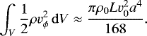 \begin{equation*} \int_{V}{\frac{1}{2}\rho v_{\phi}^{2}\,\mathrm{d}V} \approx \frac{\pi\rho_{0}Lv_{0}^{2}a^{4}}{168}.\end{equation*}