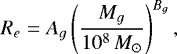 \begin{equation*} R_e = A_g\left(\frac{M_g}{10^8\,{M}_{\odot}}\right)^{B_g}, \end{equation*}