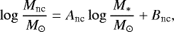 \begin{equation*} \log \frac{M_{\textrm{nc}}}{\,{M}_{\odot}} = A_{\textrm{nc}}\log \frac{M_*}{\,{M}_{\odot}} &#x002B;B_{\textrm{nc}}, \end{equation*}