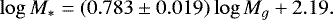 \begin{equation*} \log M_{*} = (0.783\pm 0.019) \log M_{g} &#x002B; 2.19.\end{equation*}