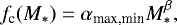 \begin{equation*} f_{\textrm{c}}(M_*) = \alpha_{\textrm{max,min}} M_*^{\beta}, \end{equation*}